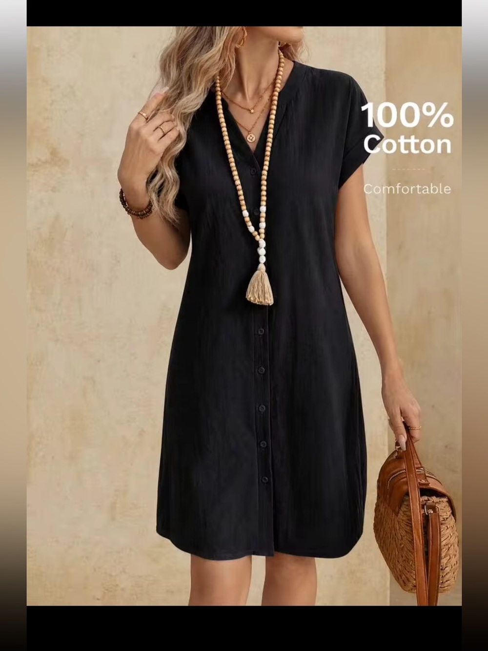 Women’s Black Button-Front Cotton Dress - Comfortable V-Neck